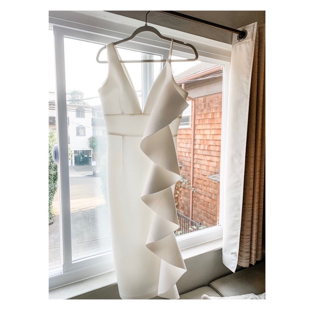 White Scuba Midi Dress with Frill Detail